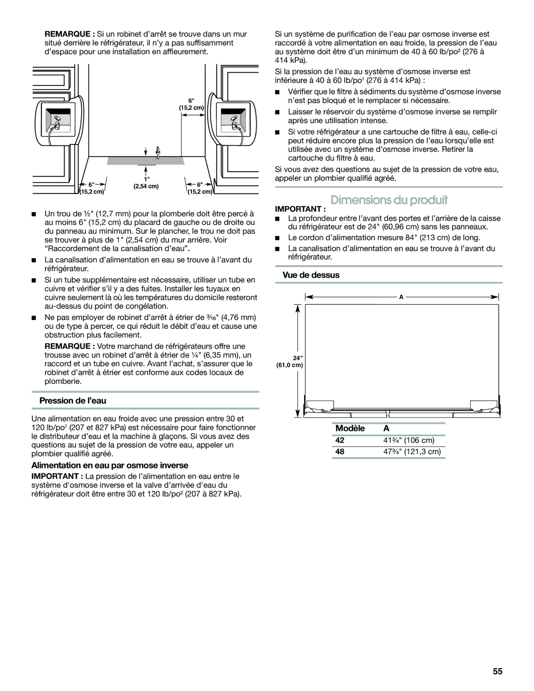 Jenn-Air W10379136B manual Dimensions du produit, Vue de dessus, Pression de l’eau, Alimentation en eau par osmose inverse 