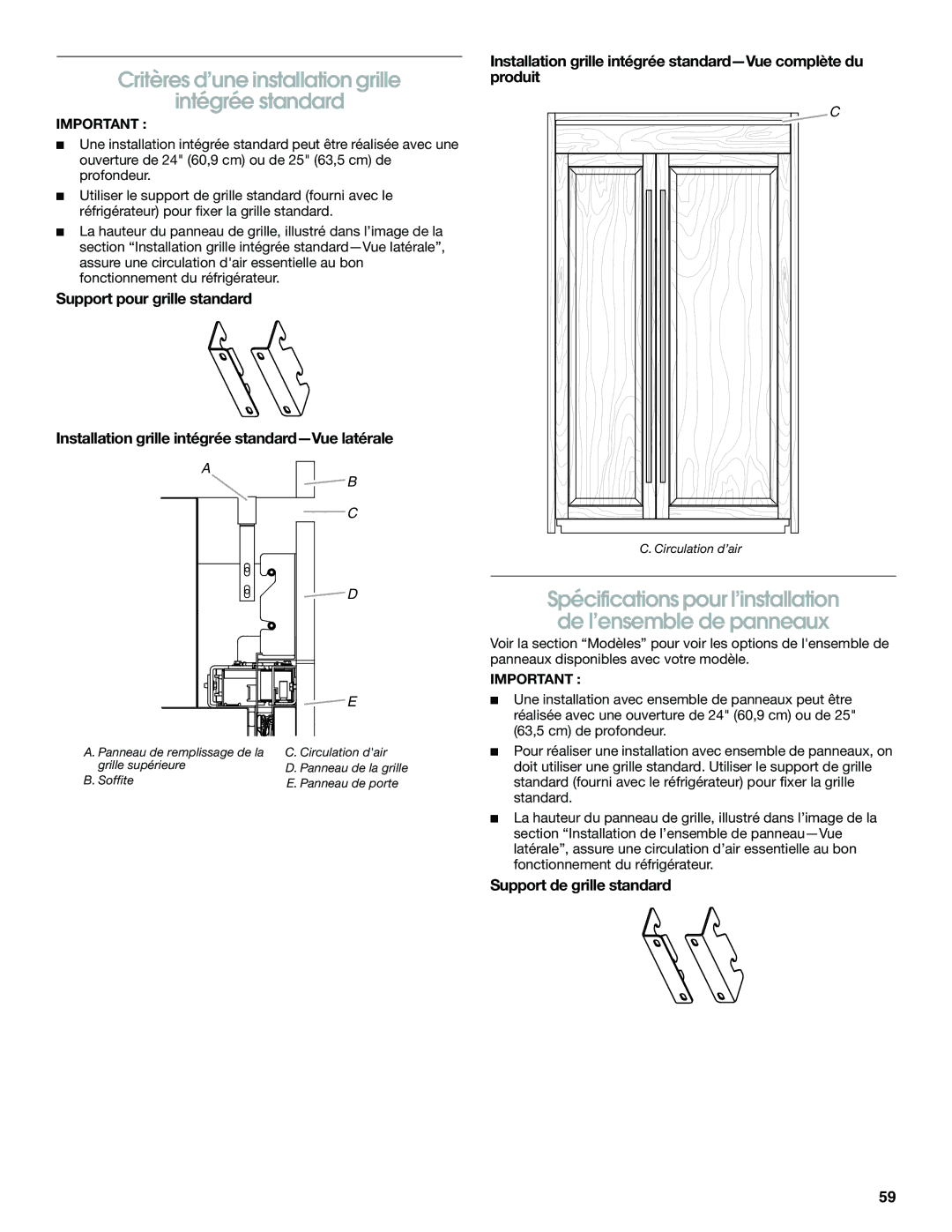 Jenn-Air W10379136B manual Critères d’une installation grille Intégrée standard, Support de grille standard 