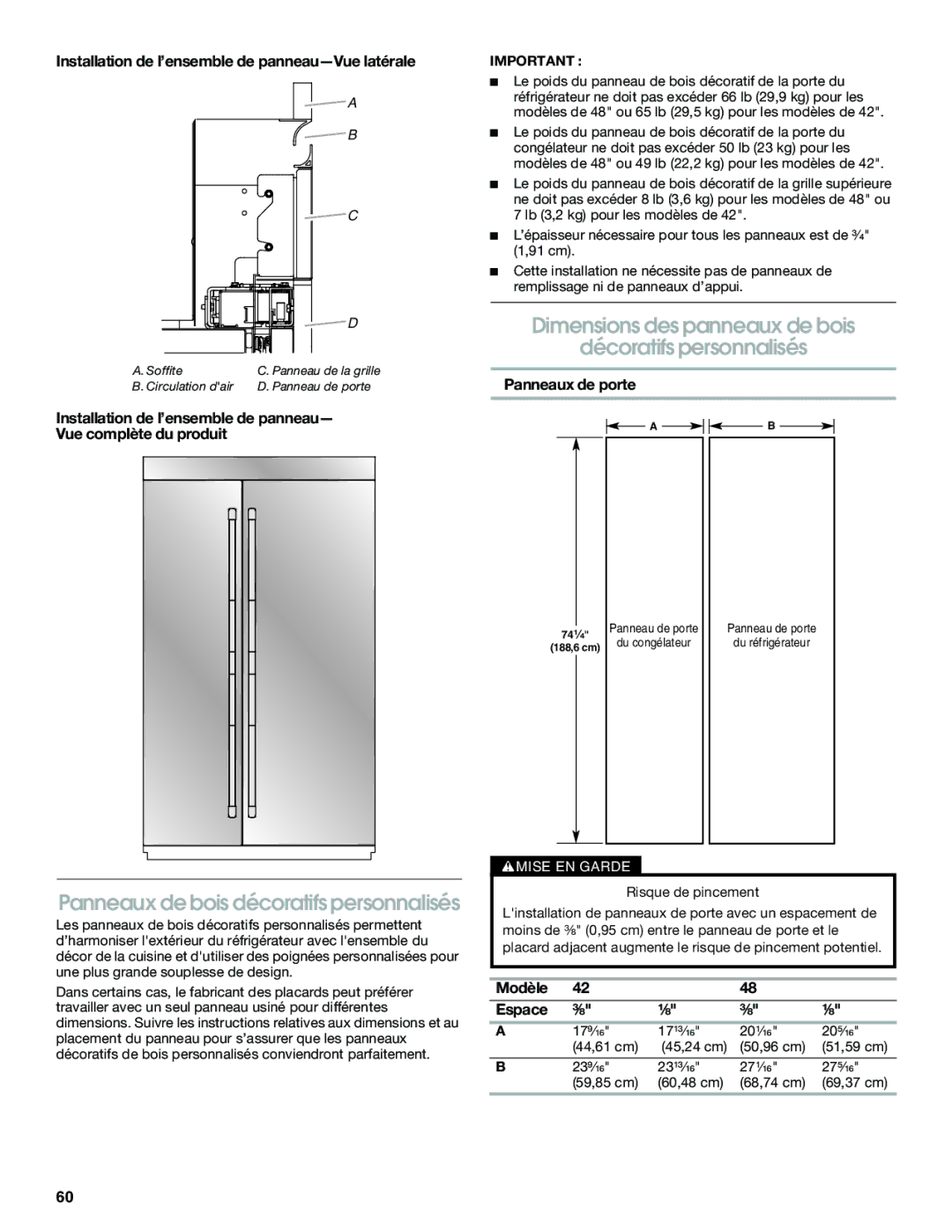 Jenn-Air W10379136B Dimensions des panneaux de bois Décoratifs personnalisés, Panneaux de bois décoratifs personnalisés 