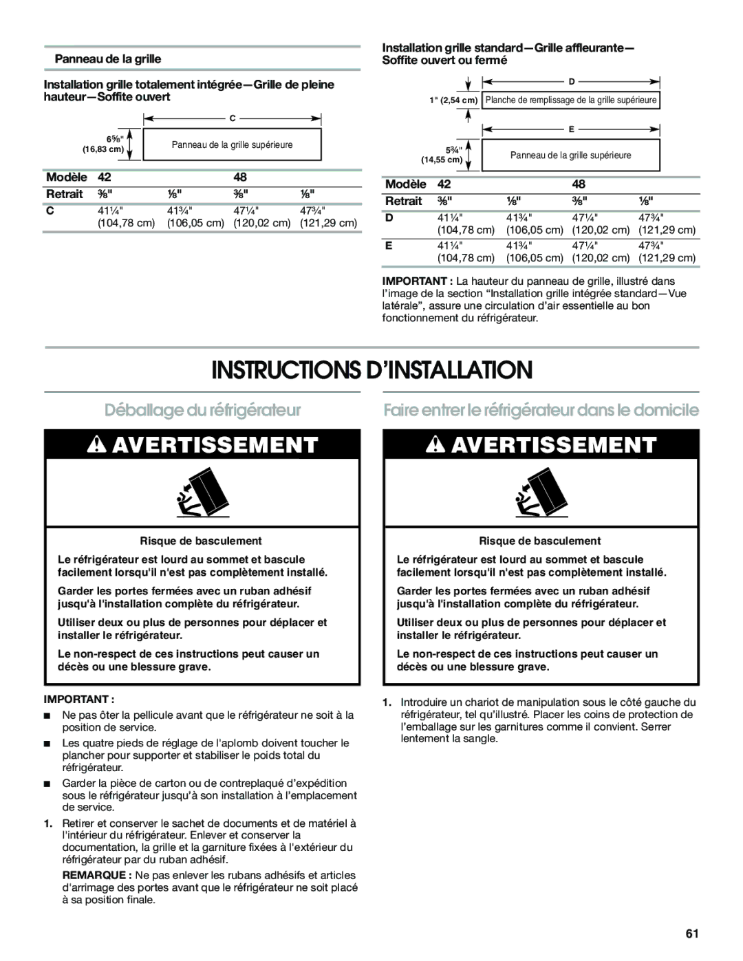 Jenn-Air W10379136B manual Instructions D’INSTALLATION, Déballage du réfrigérateur, Modèle Retrait ³⁄₈ ¹⁄₈ 