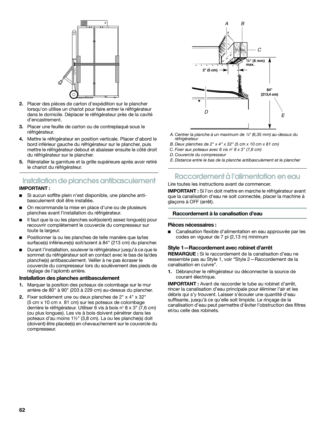 Jenn-Air W10379136B manual Installation de planches antibasculement, Raccordement à l’alimentation en eau 