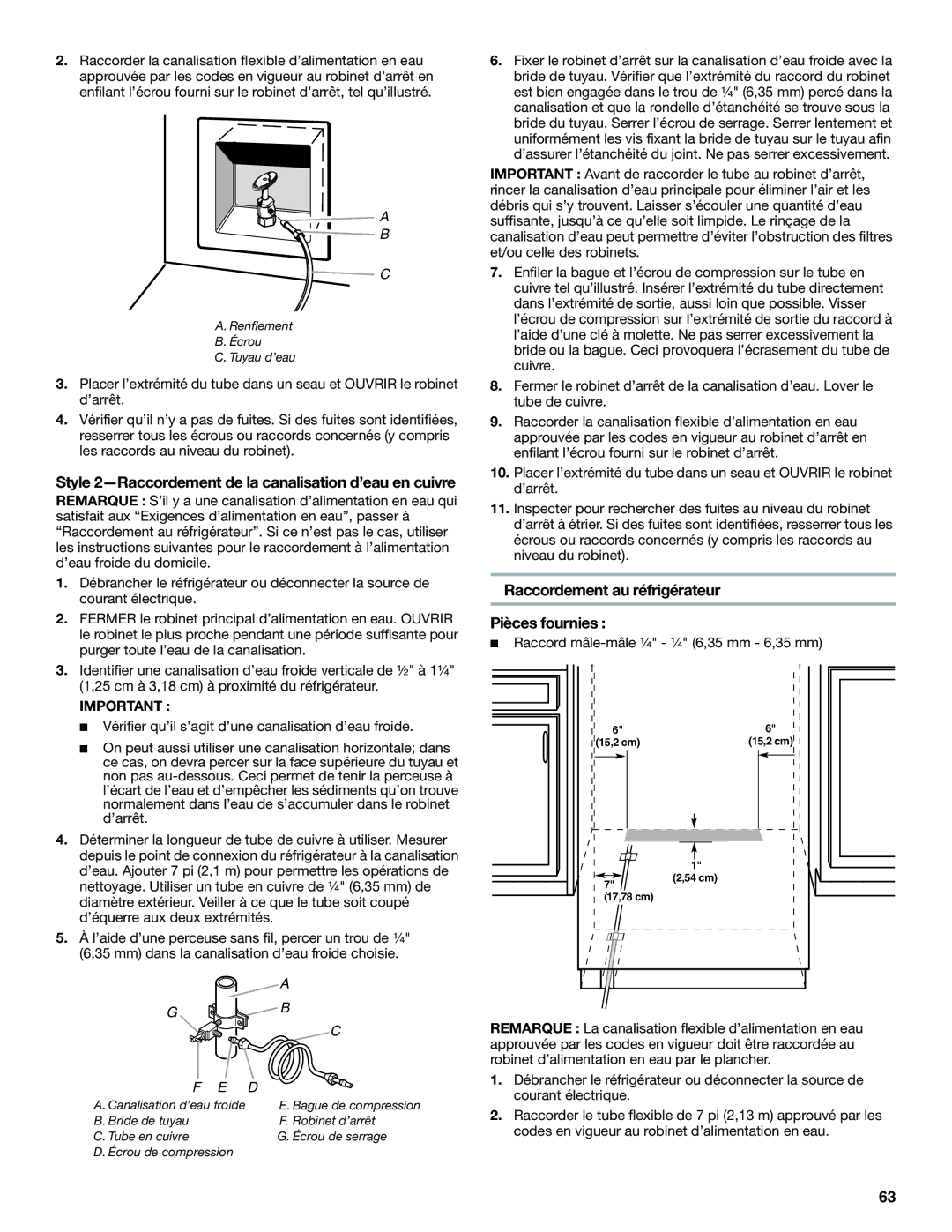 Jenn-Air W10379136B manual Raccordement au réfrigérateur, Style 2-Raccordement de la canalisation d’eau en cuivre 