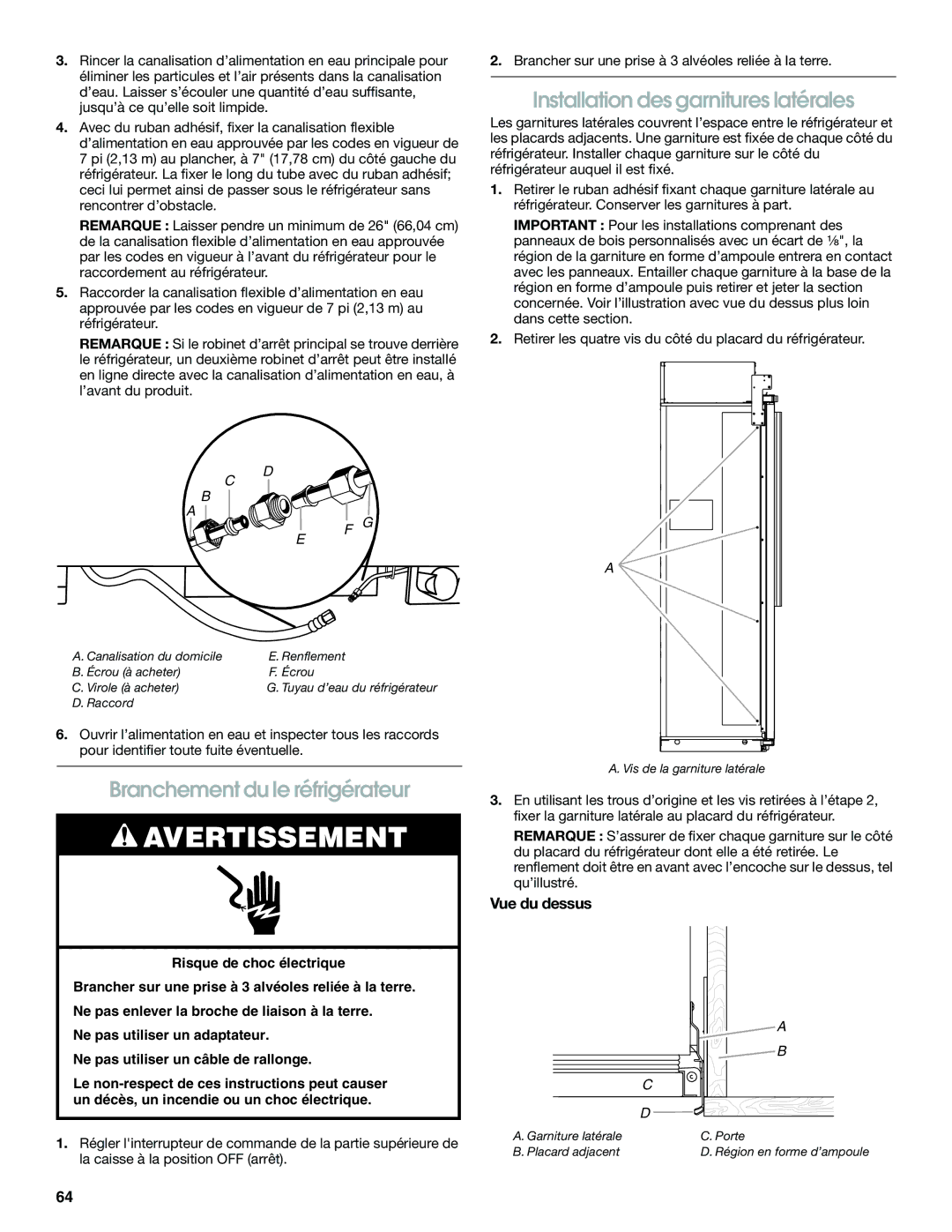 Jenn-Air W10379136B manual Installation des garnitures latérales, Branchement du le réfrigérateur, Vue du dessus 