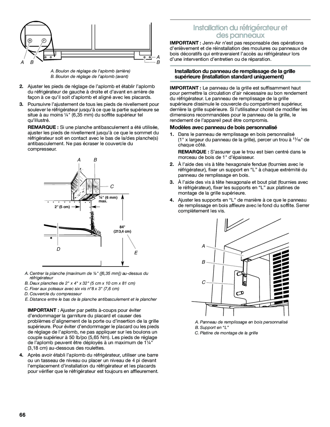 Jenn-Air W10379136B manual Installation du réfrigérateur et Des panneaux, Modèles avec panneau de bois personnalisé 