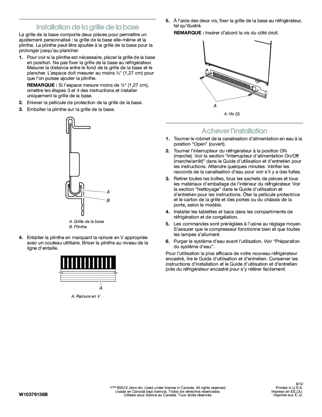 Jenn-Air W10379136B manual Installation de la grille de la base, Achever l’installation 
