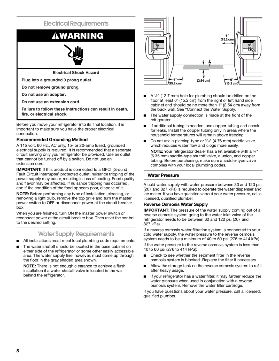 Jenn-Air W10379136B manual Electrical Requirements, Water Supply Requirements, Recommended Grounding Method, Water Pressure 