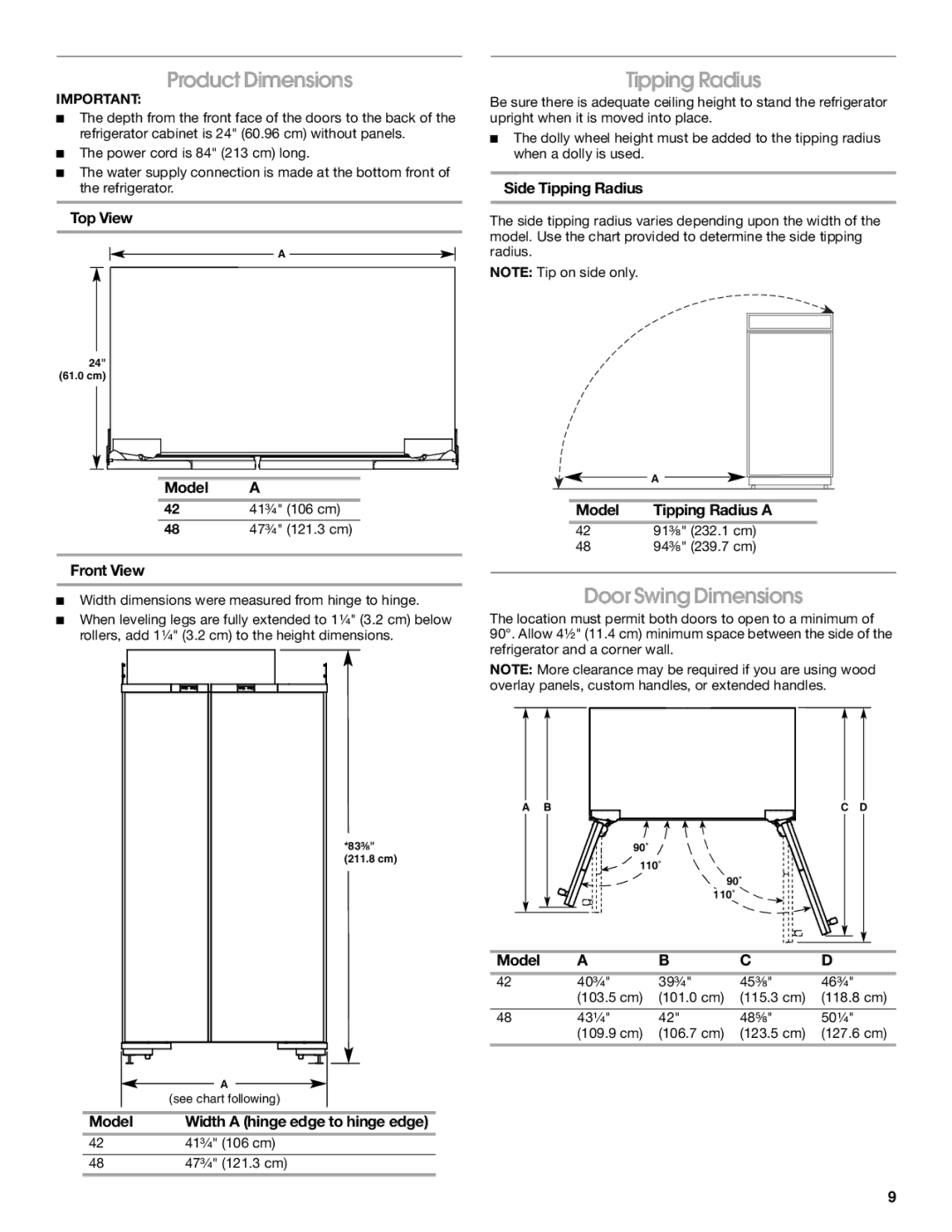 Jenn-Air W10379136B manual Product Dimensions, Tipping Radius, Door Swing Dimensions 