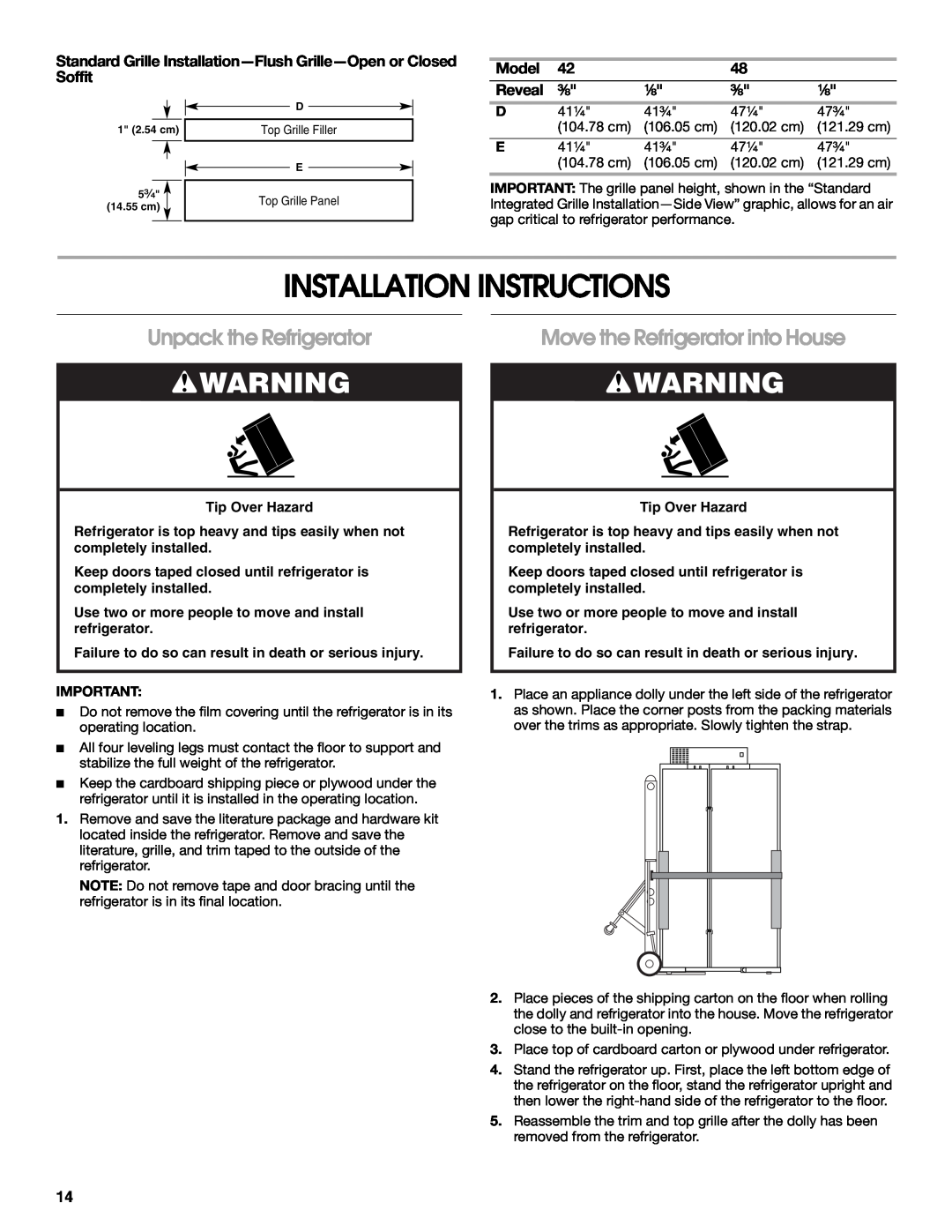 Jenn-Air W10379136B Installation Instructions, Unpack the Refrigerator, Move the Refrigerator into House, Model, Reveal 