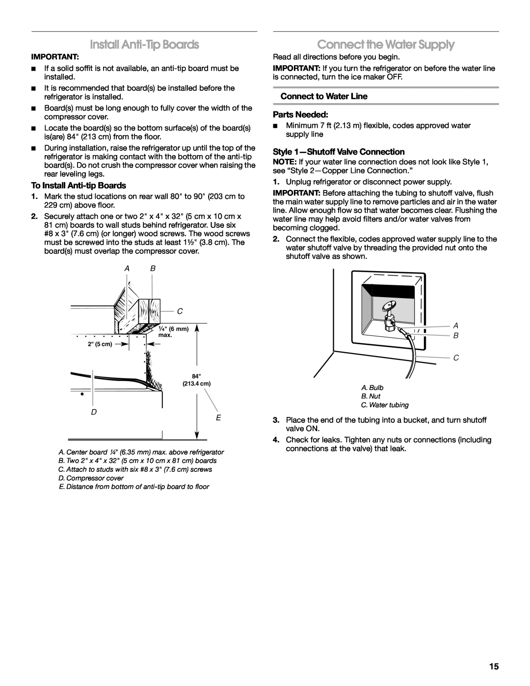 Jenn-Air W10379136B manual Install Anti-TipBoards, Connect the Water Supply, To Install Anti-tipBoards, A B C 
