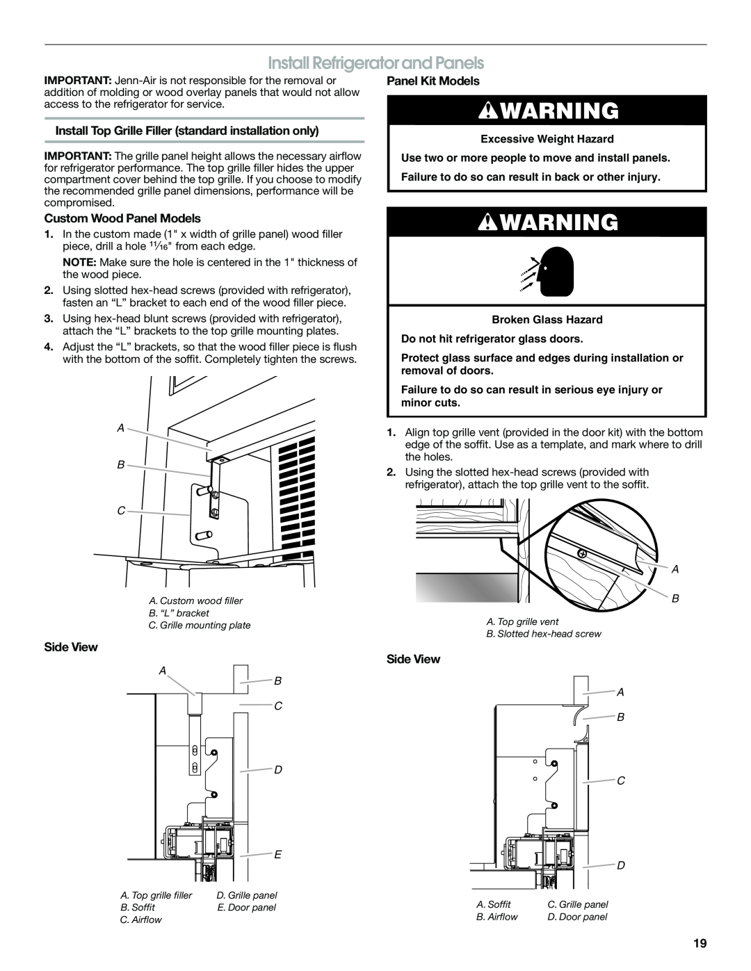 Jenn-Air W10379136B manual Install Refrigerator and Panels, Custom Wood Panel Models, Side View, Panel Kit Models, A B C 