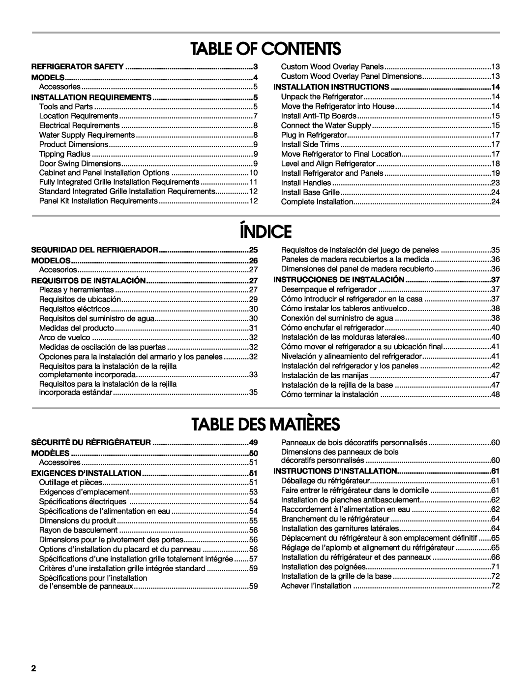 Jenn-Air W10379136B manual Table Of Contents, Índice, Table Des Matières 