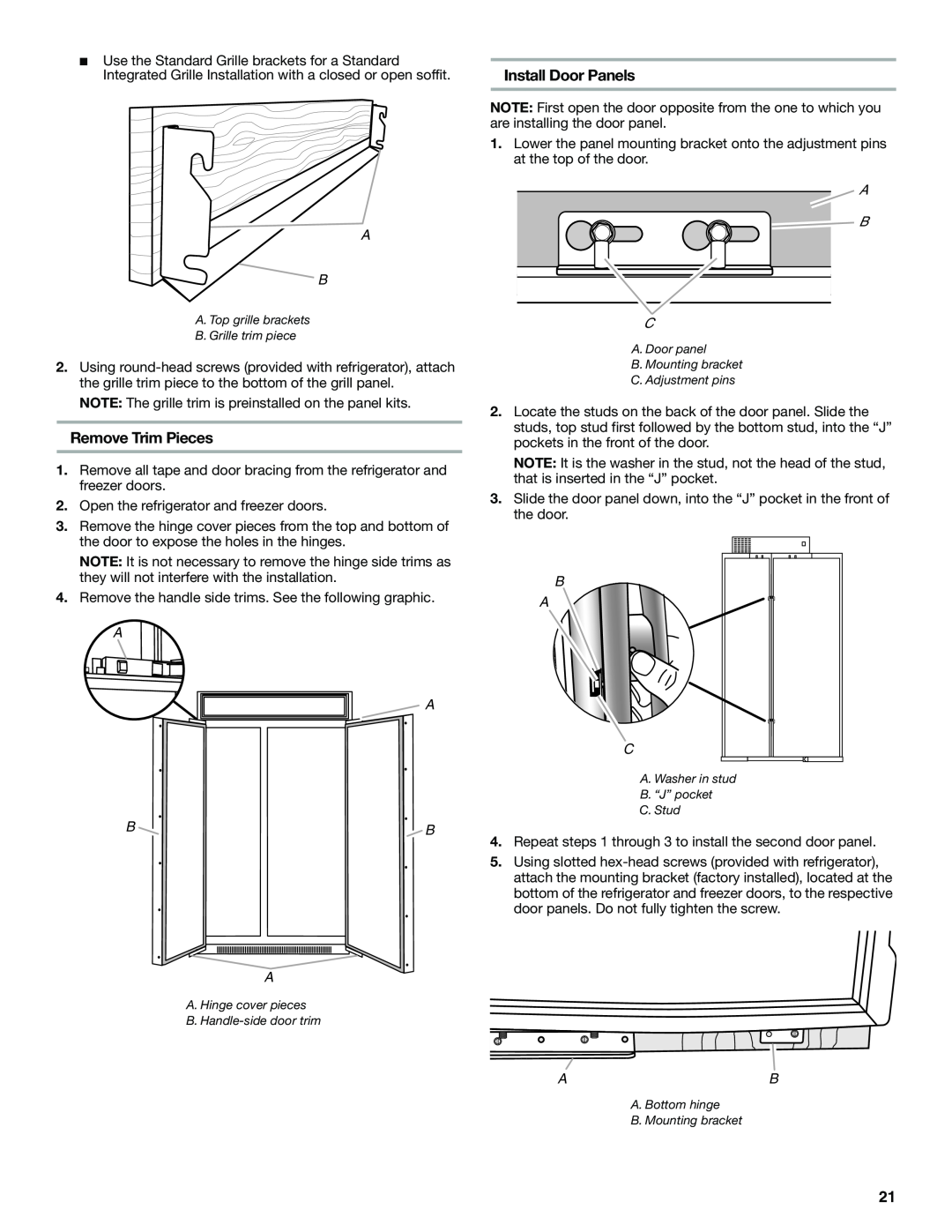Jenn-Air W10379136B manual Remove Trim Pieces, Install Door Panels, A A B B A, B A C, A B C 