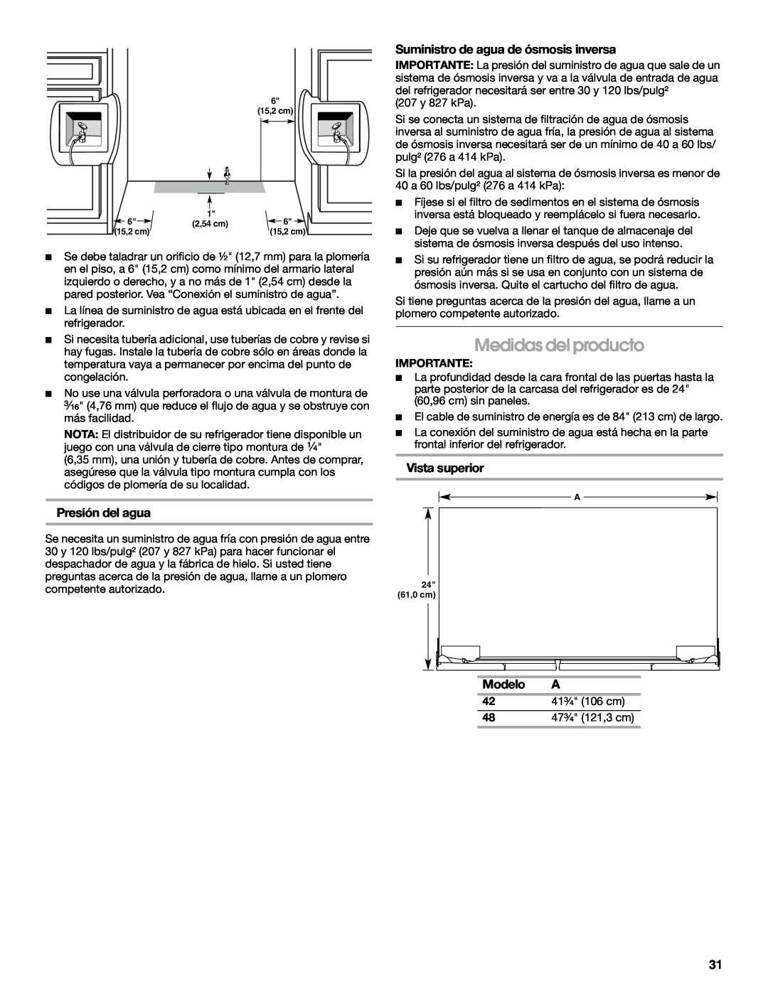 Jenn-Air W10379136B manual Medidas del producto, Suministro de agua de ósmosis inversa, Vista superior, Presión del agua 