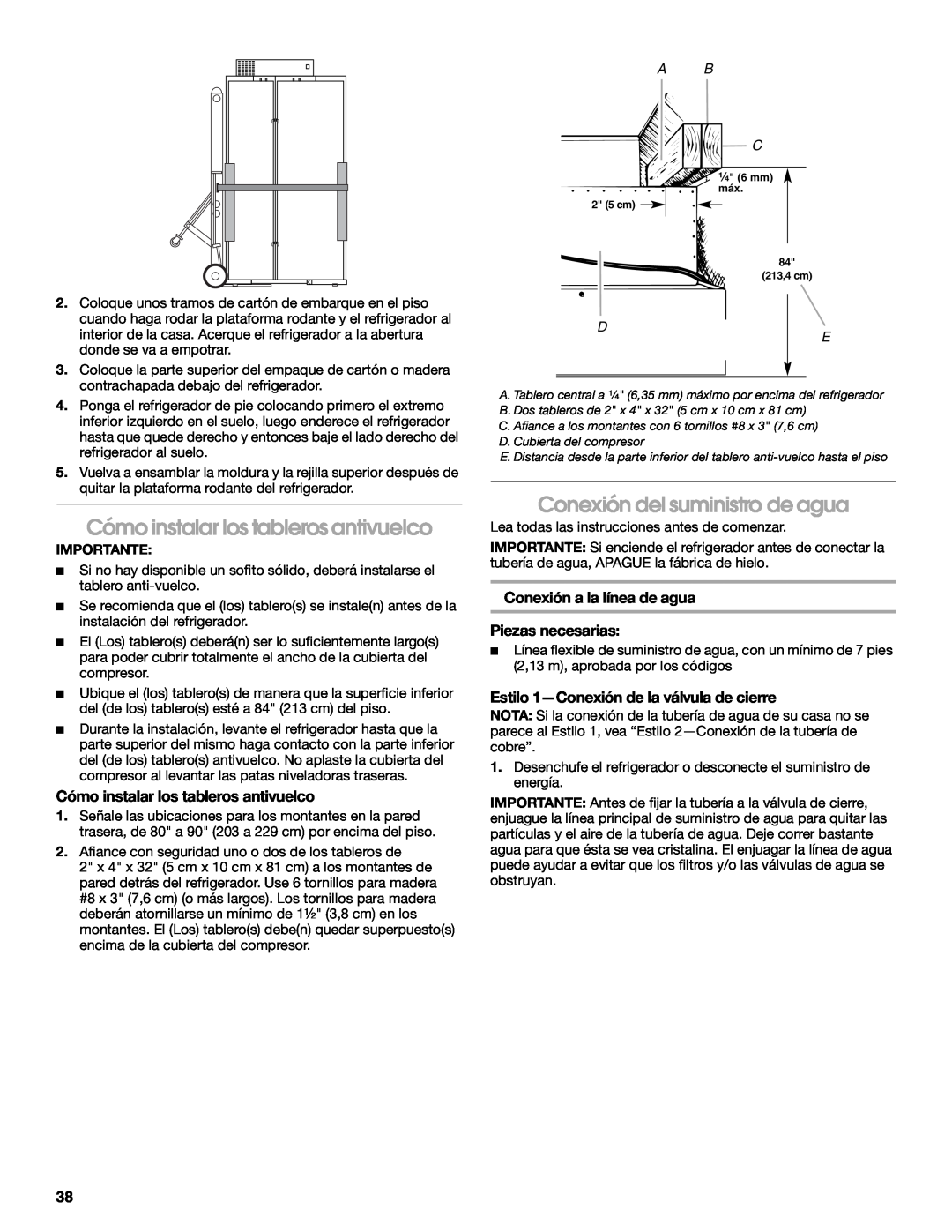 Jenn-Air W10379136B manual Cómo instalar los tableros antivuelco, Conexión del suministro de agua, A B C 