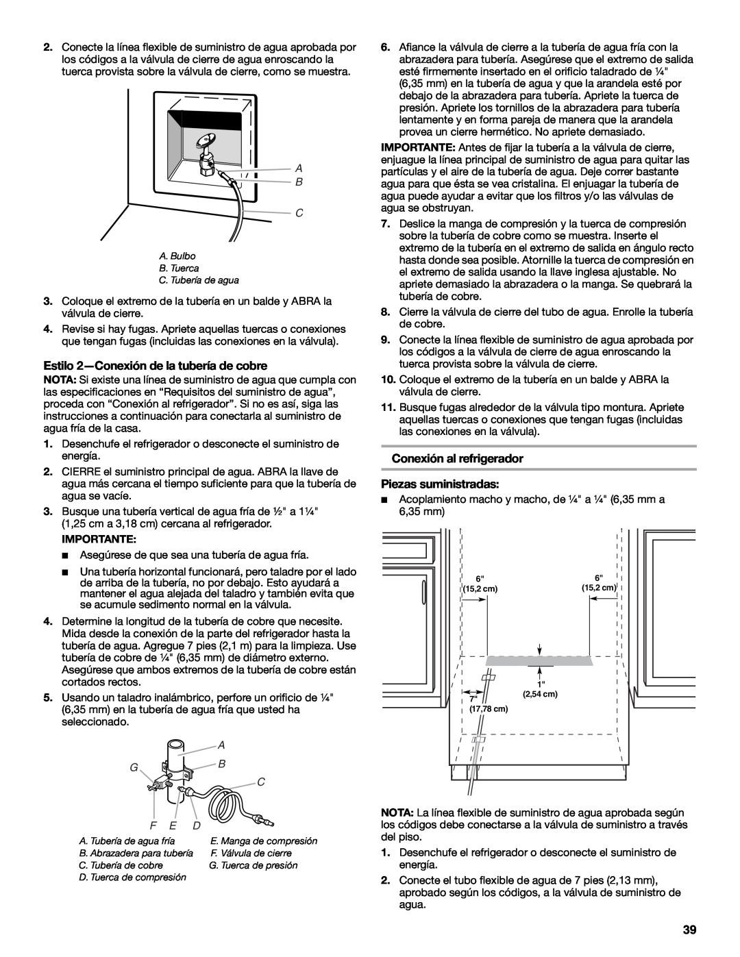 Jenn-Air W10379136B manual Estilo 2-Conexiónde la tubería de cobre, Piezas suministradas, A B C, F E D 