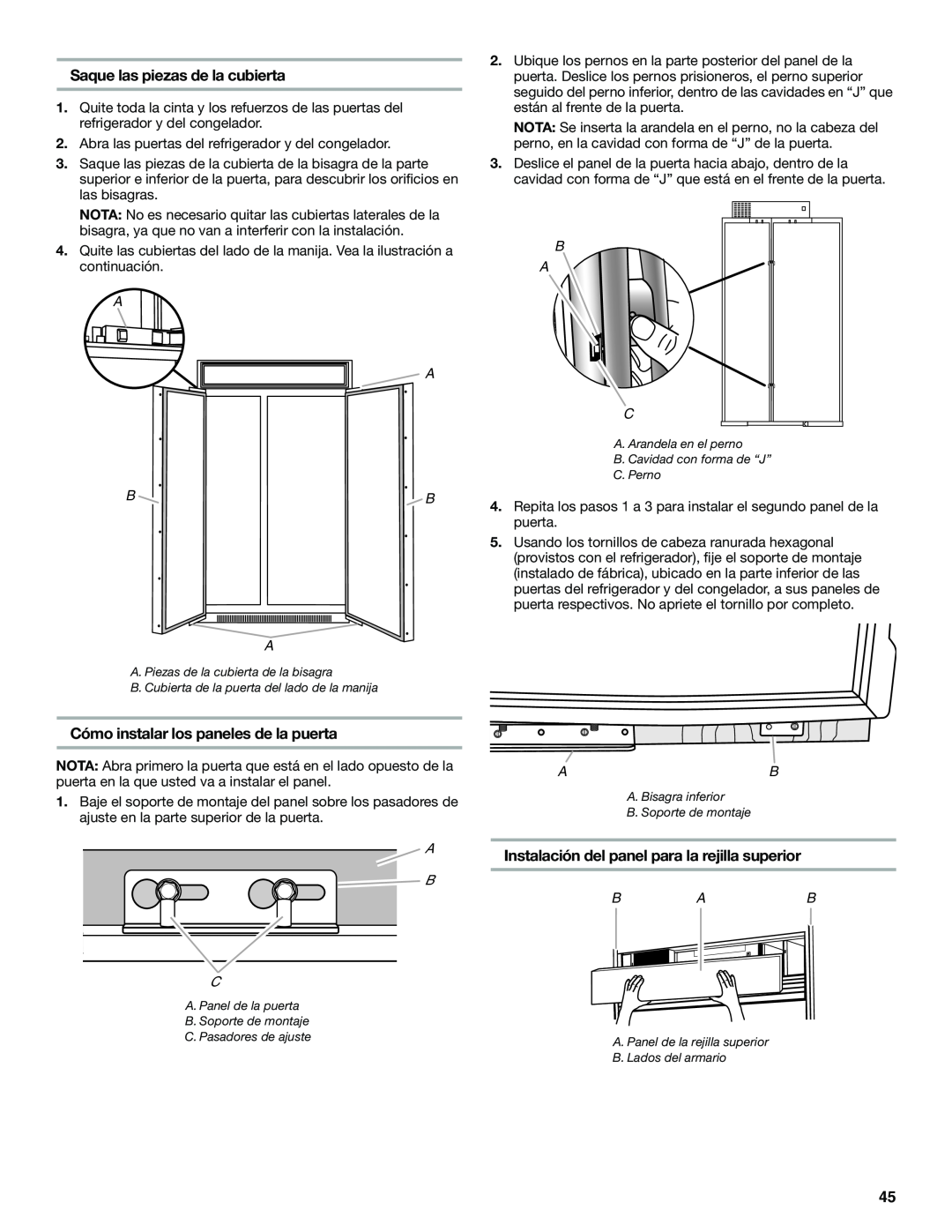 Jenn-Air W10379136B manual Saque las piezas de la cubierta, Cómo instalar los paneles de la puerta, A A B B A, B A C, A B C 