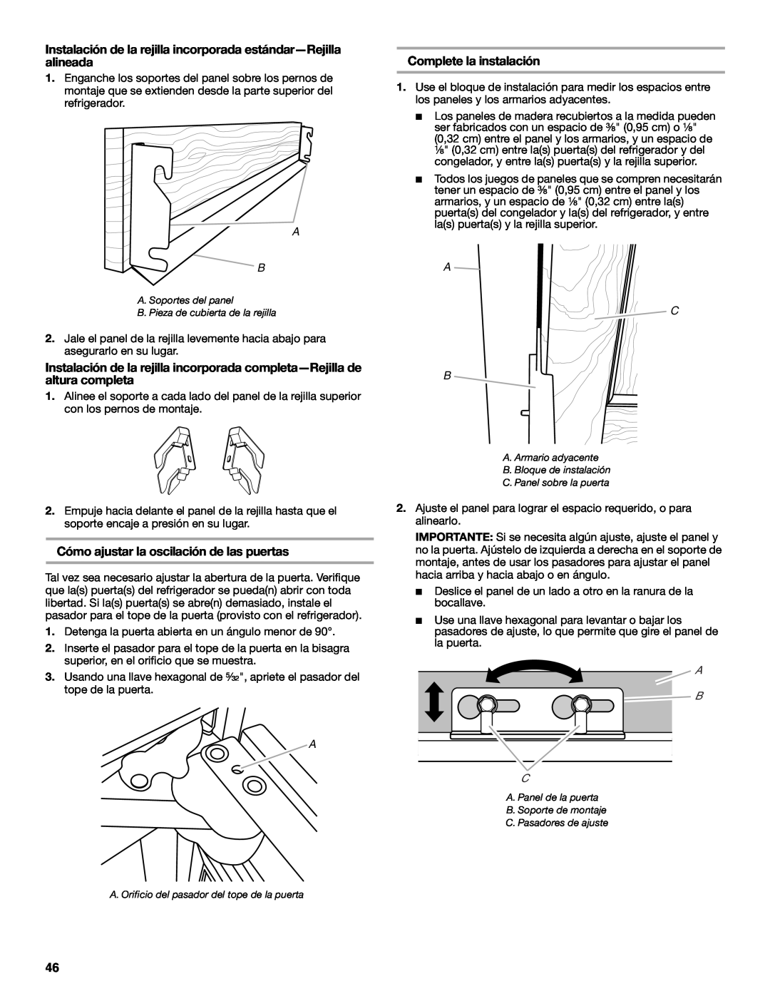 Jenn-Air W10379136B manual Cómo ajustar la oscilación de las puertas, Complete la instalación, A C B, A B C 