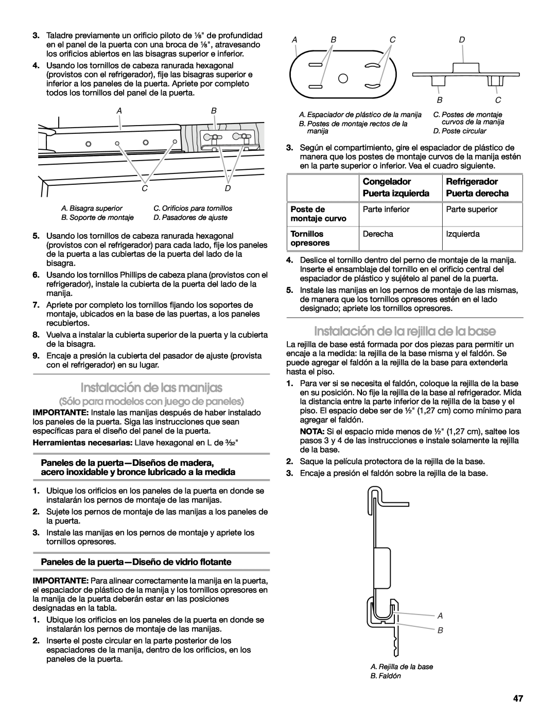 Jenn-Air W10379136B manual Instalación de las manijas, Instalación de la rejilla de la base, Congelador, Refrigerador, Abcd 