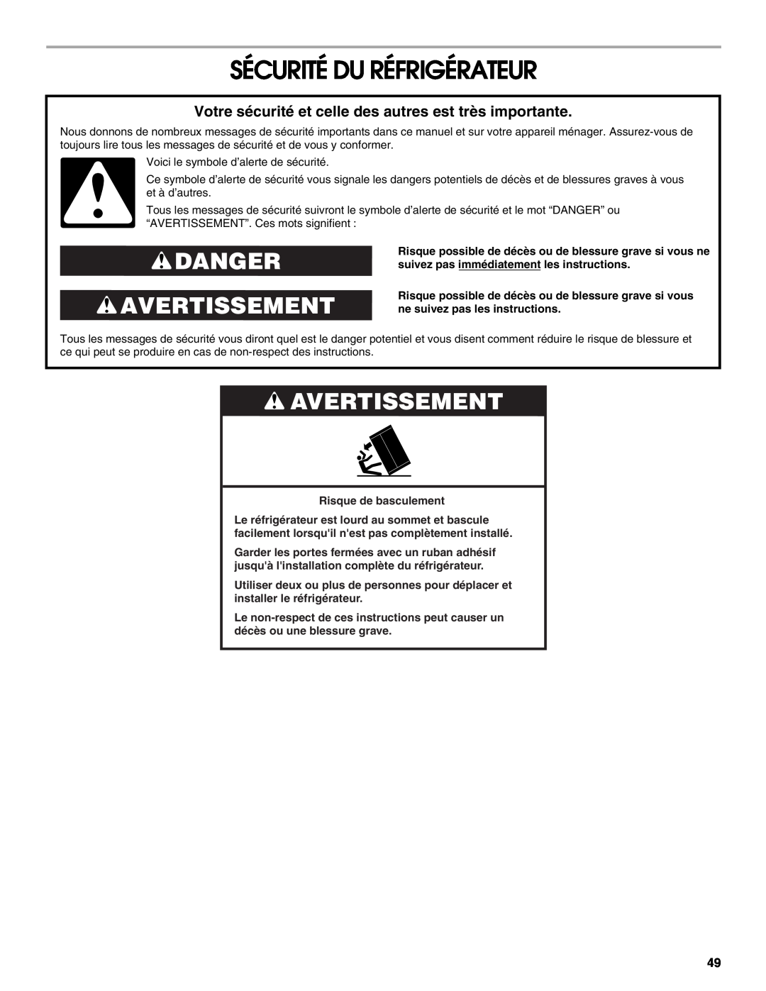 Jenn-Air W10379136B manual Sécurité Du Réfrigérateur, Danger Avertissement 