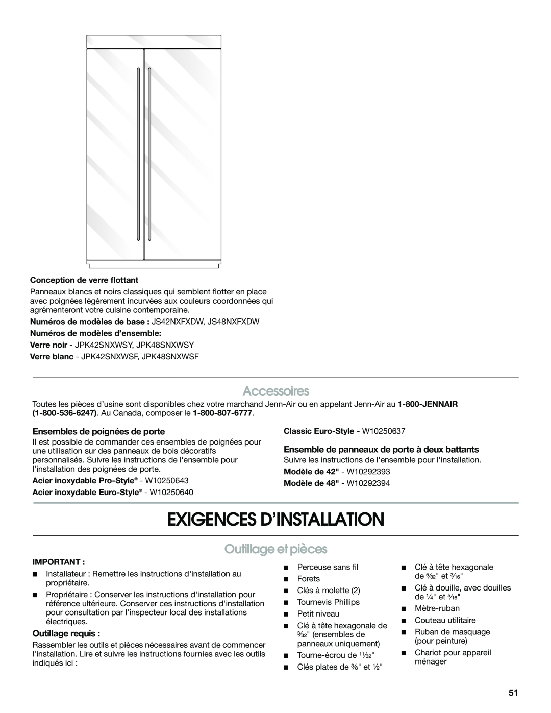 Jenn-Air W10379136B manual Exigences D’Installation, Accessoires, Outillage et pièces, Ensembles de poignées de porte 