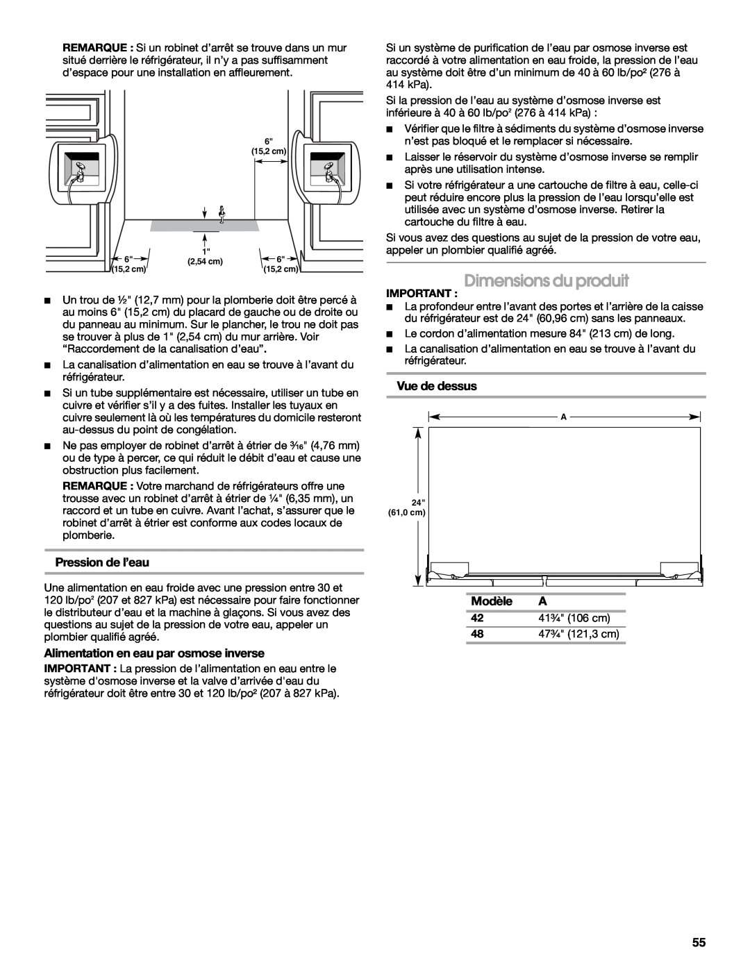 Jenn-Air W10379136B manual Dimensions du produit, Vue de dessus, Pression de l’eau, Alimentation en eau par osmose inverse 