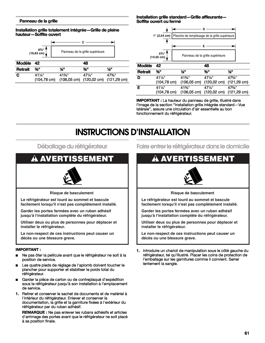 Jenn-Air W10379136B Instructions D’Installation, Déballage du réfrigérateur, Panneau de la grille, Retrait, Avertissement 