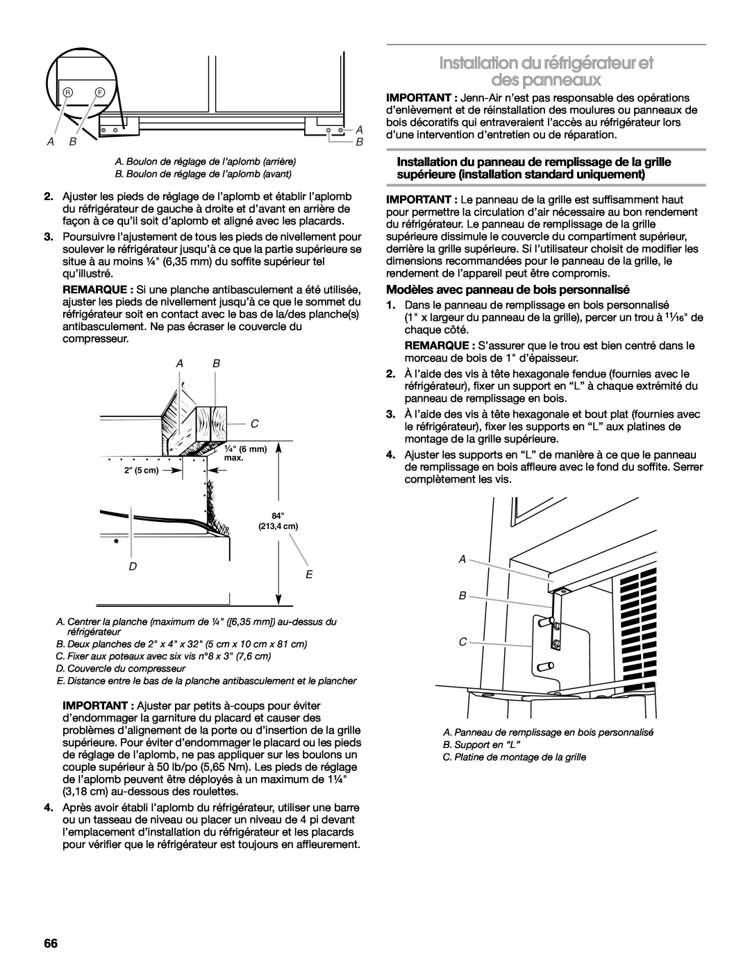 Jenn-Air W10379136B manual Installation du réfrigérateur et des panneaux, Modèles avec panneau de bois personnalisé, A B C 
