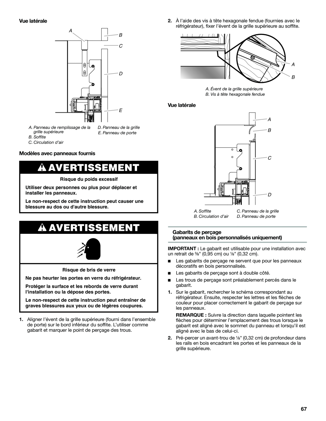 Jenn-Air W10379136B manual Vue latérale, Modèles avec panneaux fournis, Gabarits de perçage, Avertissement 
