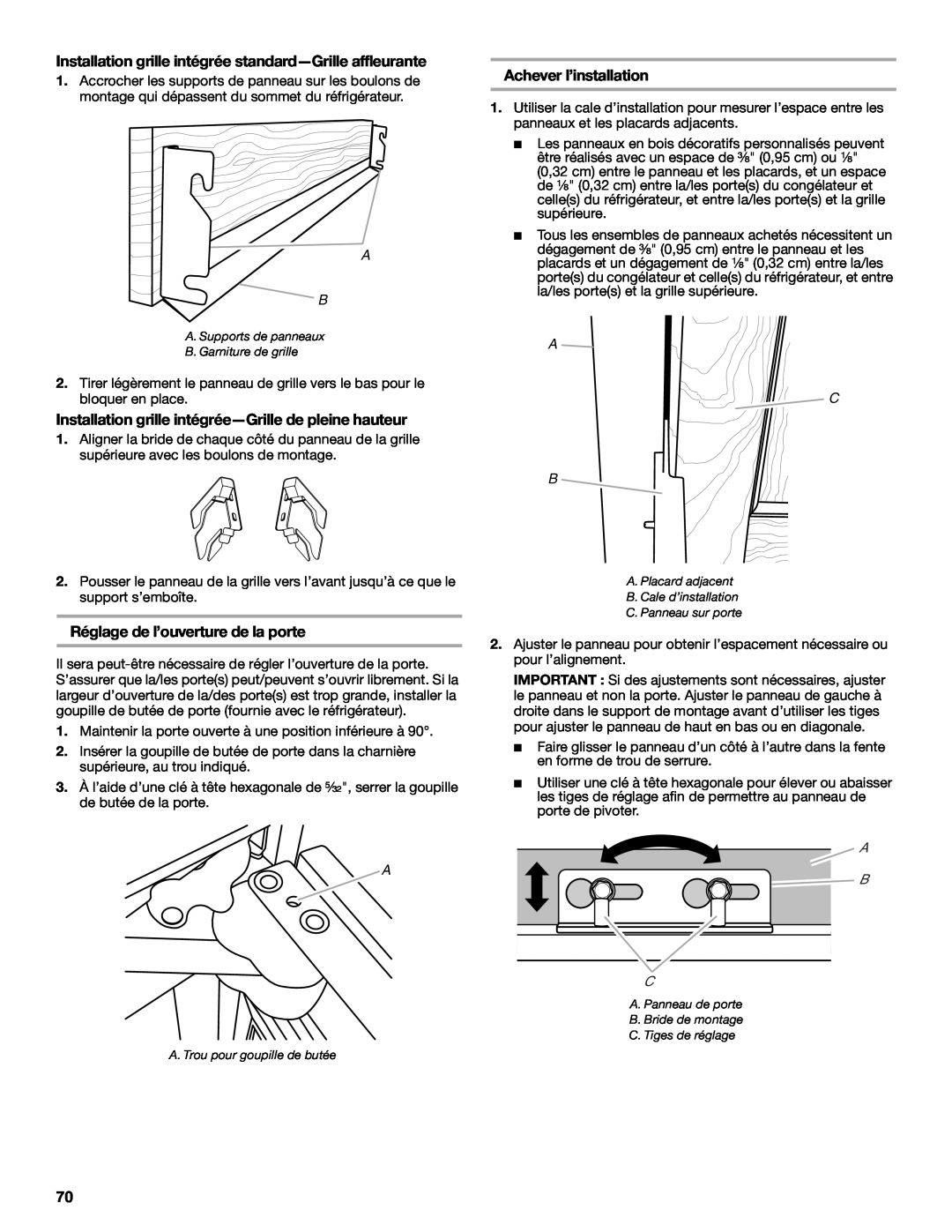 Jenn-Air W10379136B manual Réglage de l’ouverture de la porte, Achever l’installation, A C B, A B C, C. Panneau sur porte 