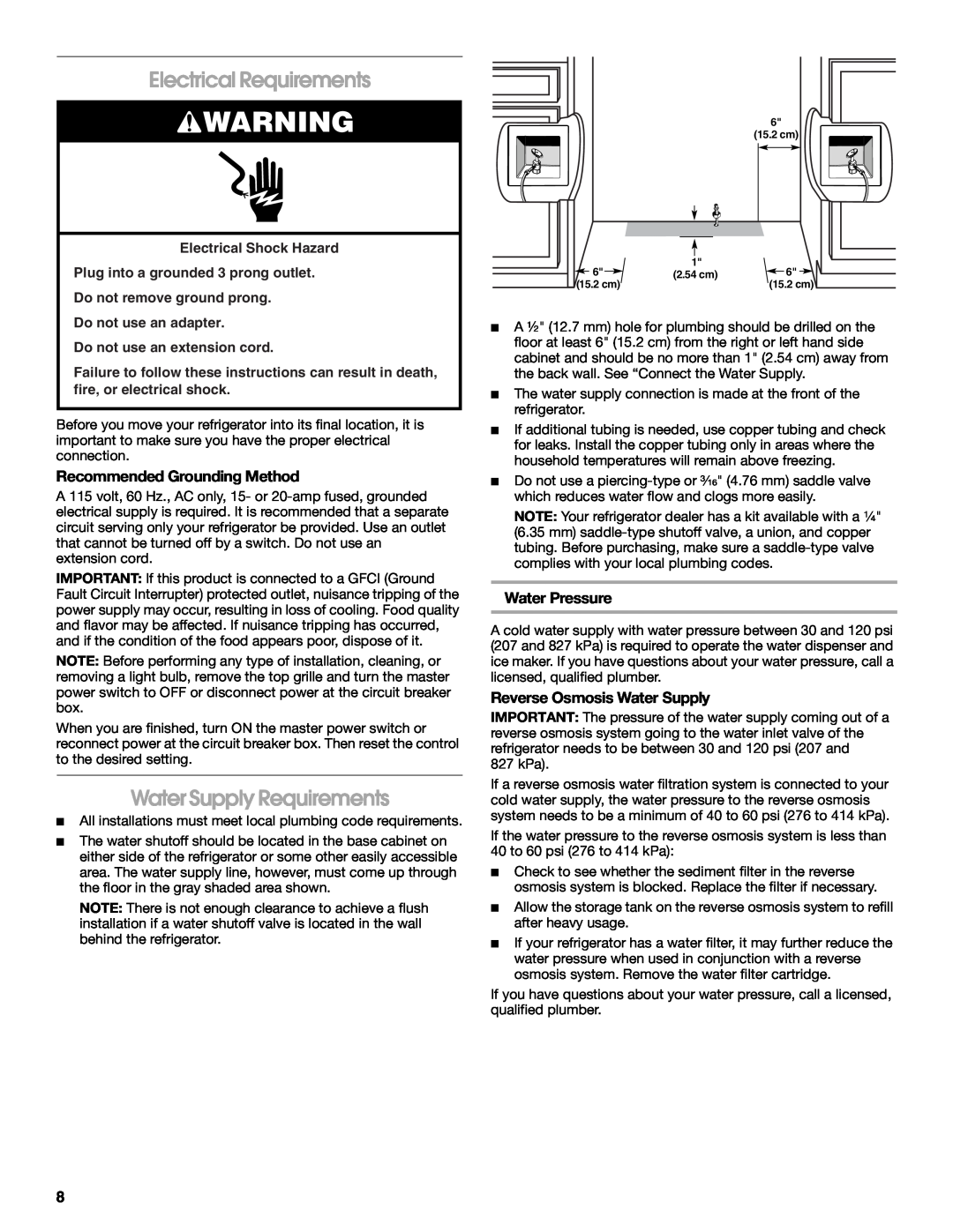 Jenn-Air W10379136B manual Electrical Requirements, Water Supply Requirements, Recommended Grounding Method, Water Pressure 