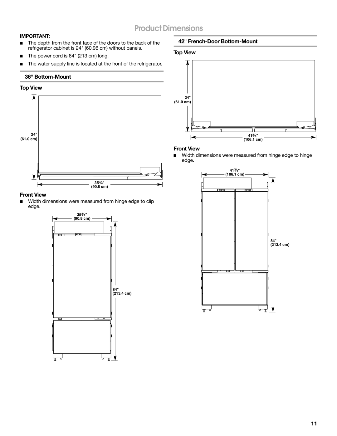 Jenn-Air W10379137A manual Product Dimensions, French-Door Bottom-Mount Top View, Front View 