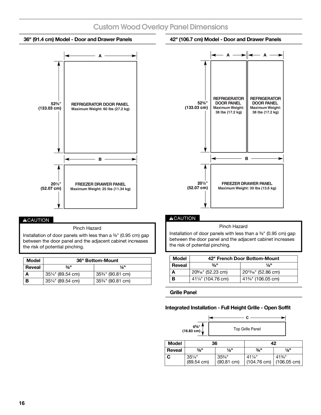 Jenn-Air W10379137A manual Custom Wood Overlay Panel Dimensions, Model Bottom-Mount Reveal ³⁄₈ ¹⁄₈, Model Reveal ³⁄₈ ¹⁄₈ 