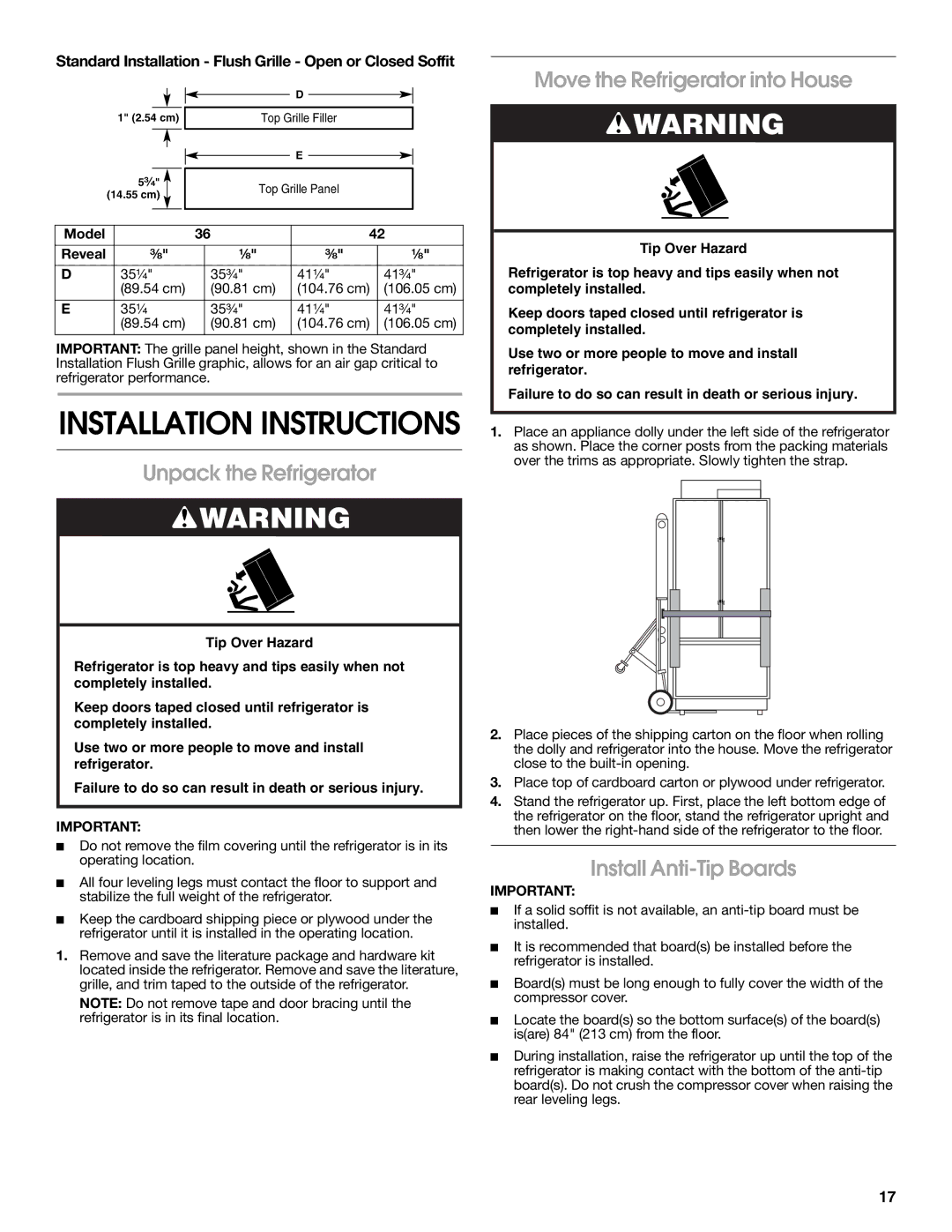 Jenn-Air W10379137A manual Unpack the Refrigerator Move the Refrigerator into House, Install Anti-Tip Boards 