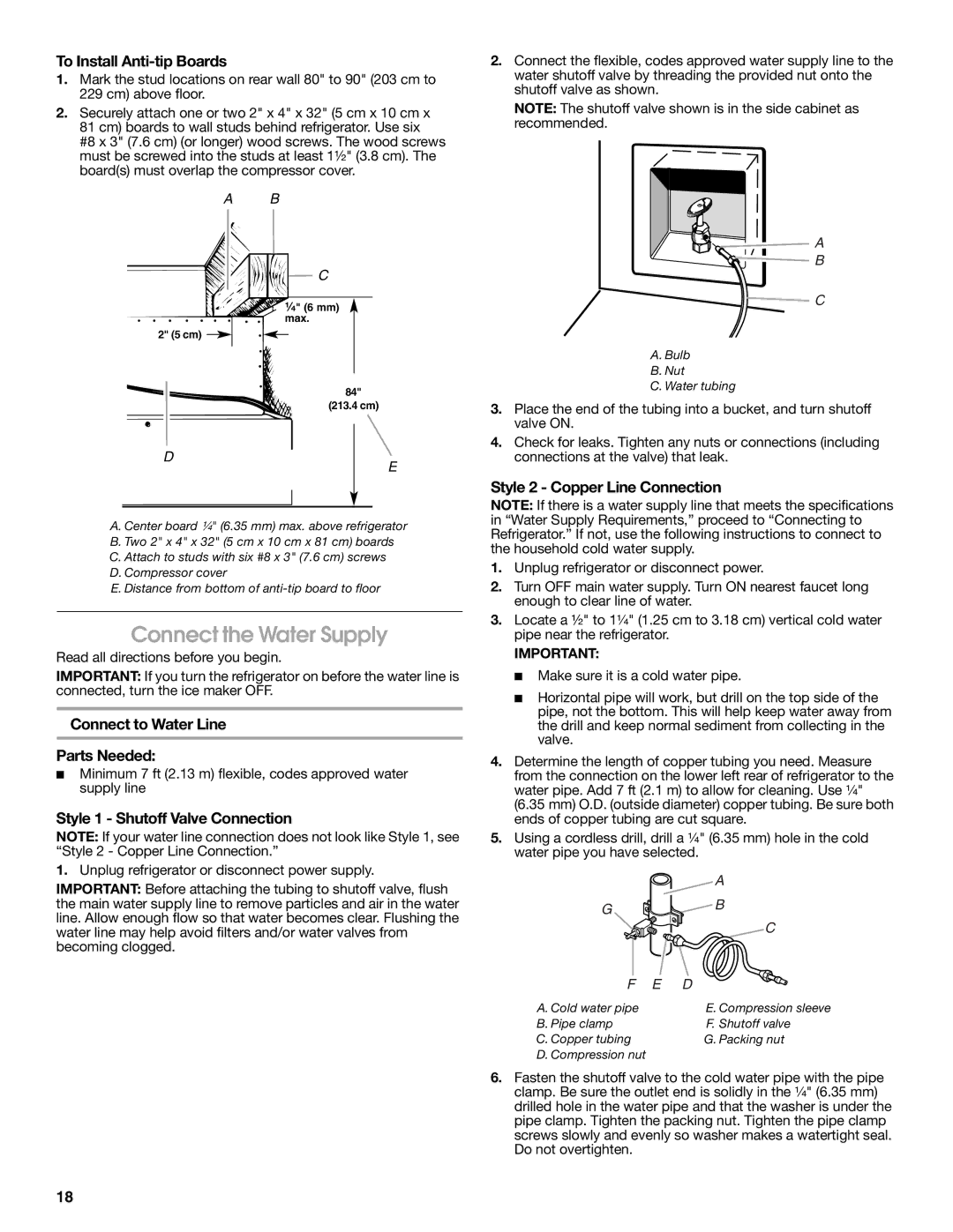 Jenn-Air W10379137A manual Connect the Water Supply, To Install Anti-tip Boards, Connect to Water Line Parts Needed 