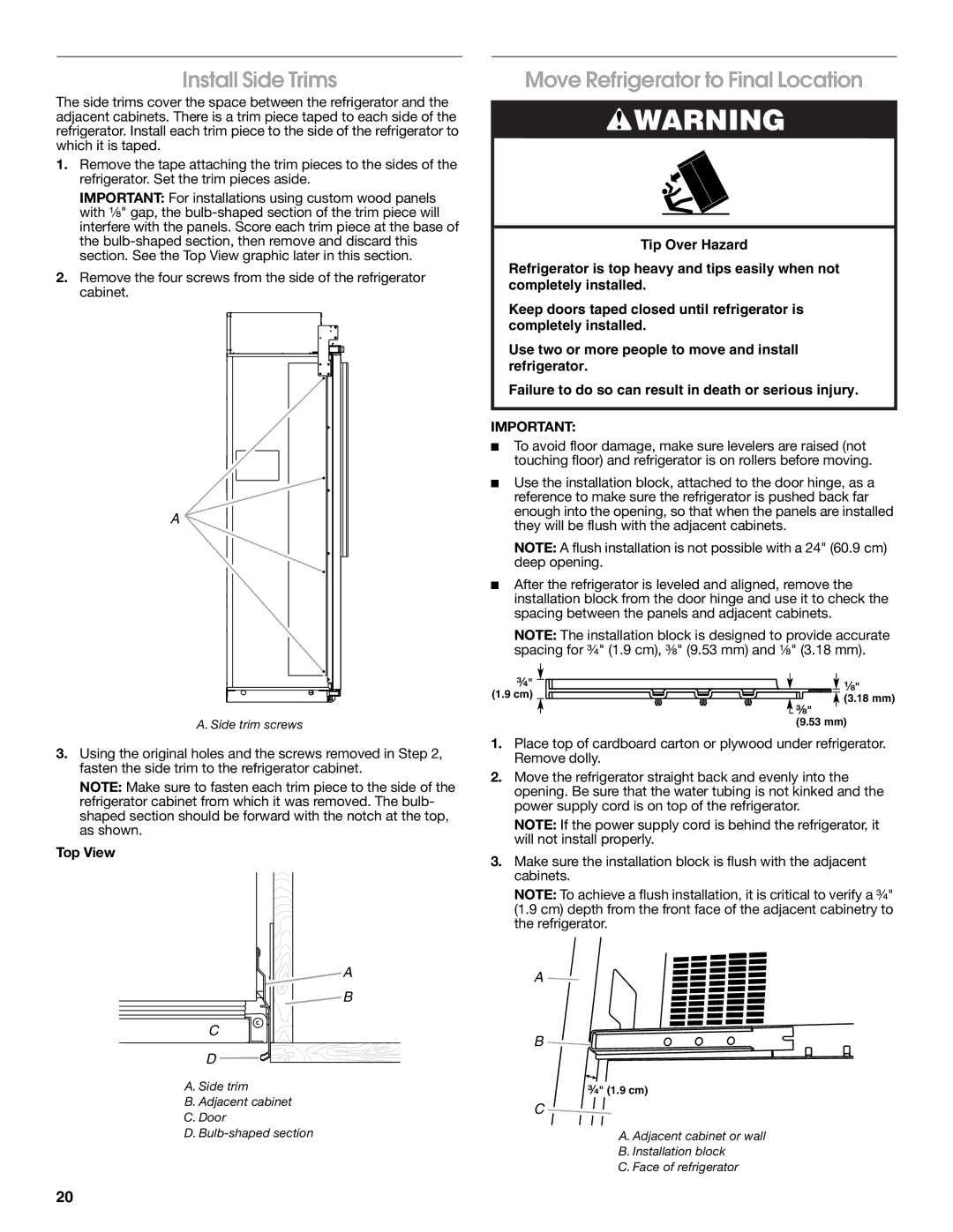 Jenn-Air W10379137A manual Install Side Trims, Move Refrigerator to Final Location 