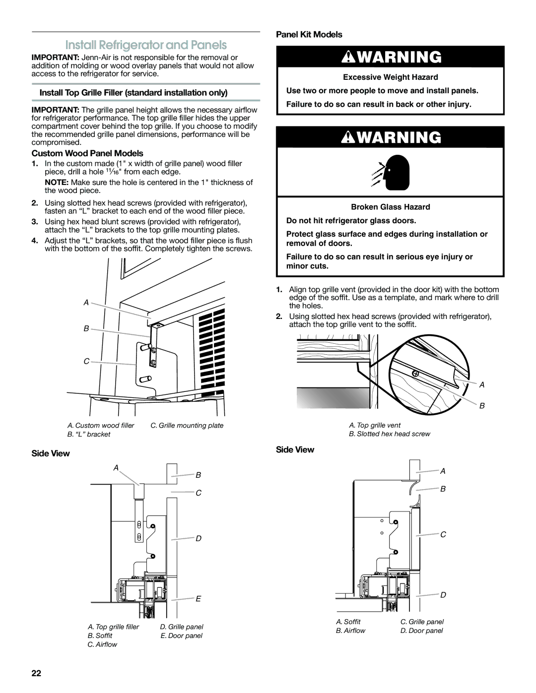 Jenn-Air W10379137A manual Install Refrigerator and Panels, Install Top Grille Filler standard installation only, Side View 