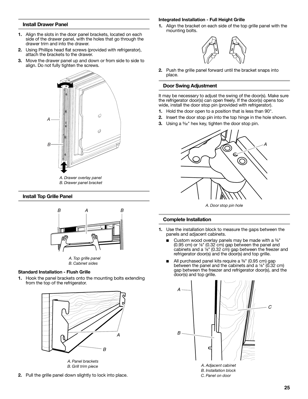 Jenn-Air W10379137A manual Install Drawer Panel, Install Top Grille Panel, Door Swing Adjustment, Complete Installation 