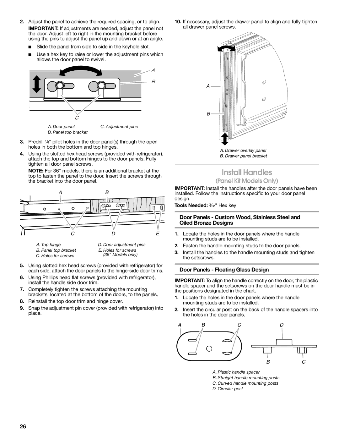 Jenn-Air W10379137A manual Install Handles, Door Panels Floating Glass Design, Tools Needed ³⁄₃₂ Hex key 