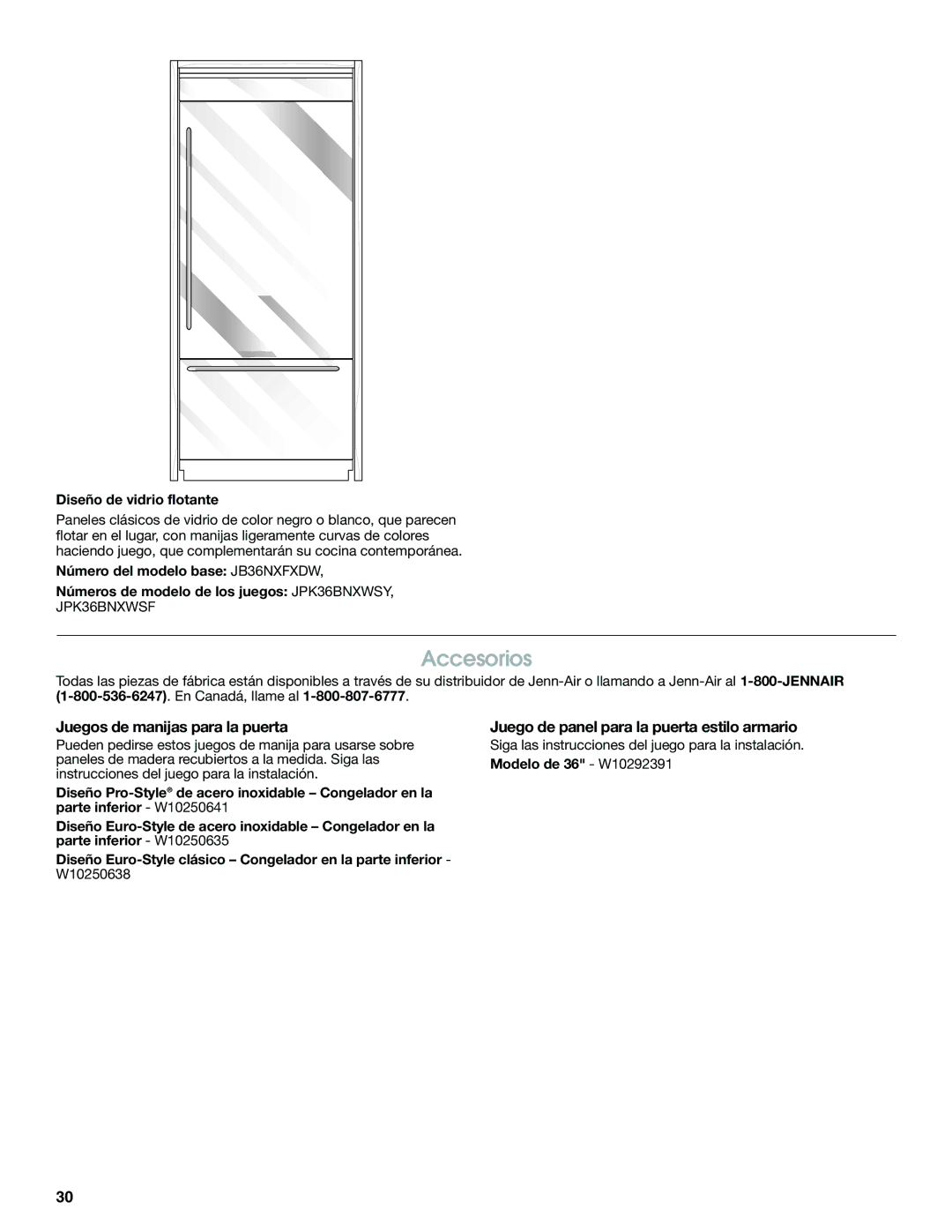 Jenn-Air W10379137A manual Accesorios, Juegos de manijas para la puerta, Juego de panel para la puerta estilo armario 