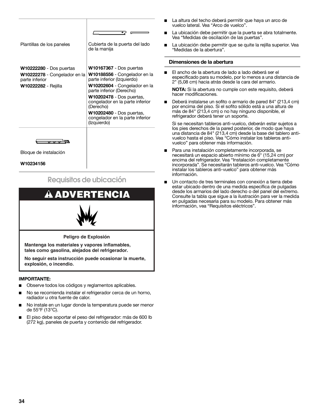 Jenn-Air W10379137A manual Requisitos de ubicación, Dimensiones de la abertura, W10222282 Rejilla 