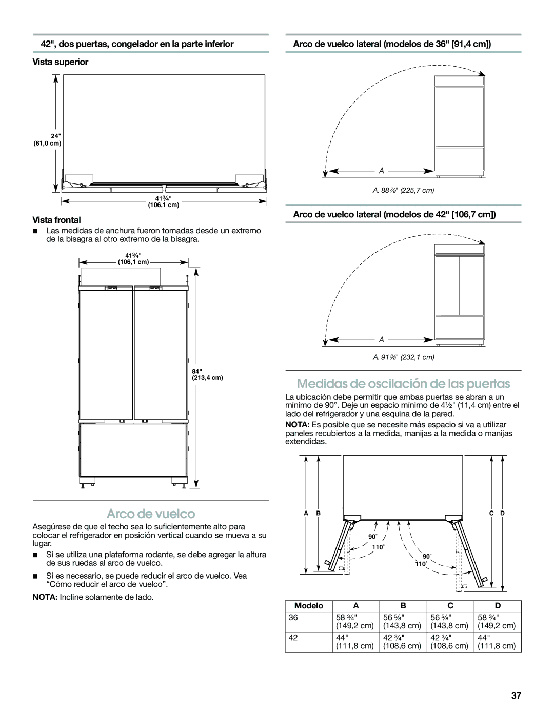 Jenn-Air W10379137A manual Medidas de oscilación de las puertas, Arco de vuelco lateral modelos de 36 91,4 cm, Modelo 