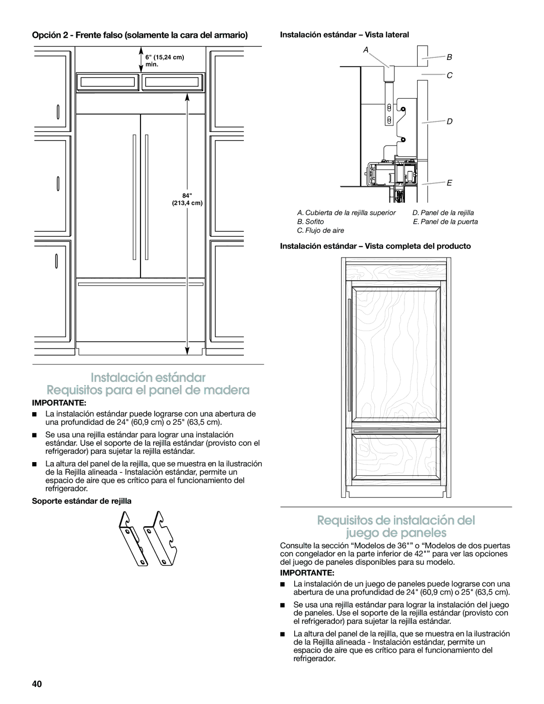 Jenn-Air W10379137A manual Instalación estándar Requisitos para el panel de madera, Soporte estándar de rejilla 