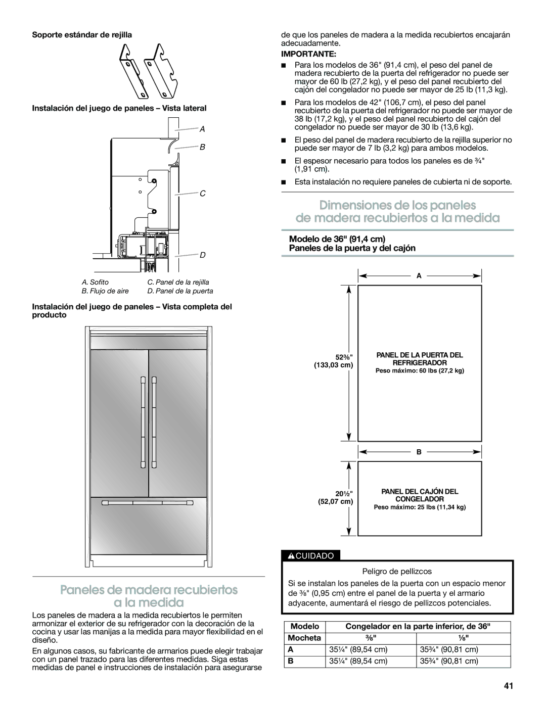 Jenn-Air W10379137A manual Paneles de madera recubiertos La medida, Modelo de 36 91,4 cm Paneles de la puerta y del cajón 