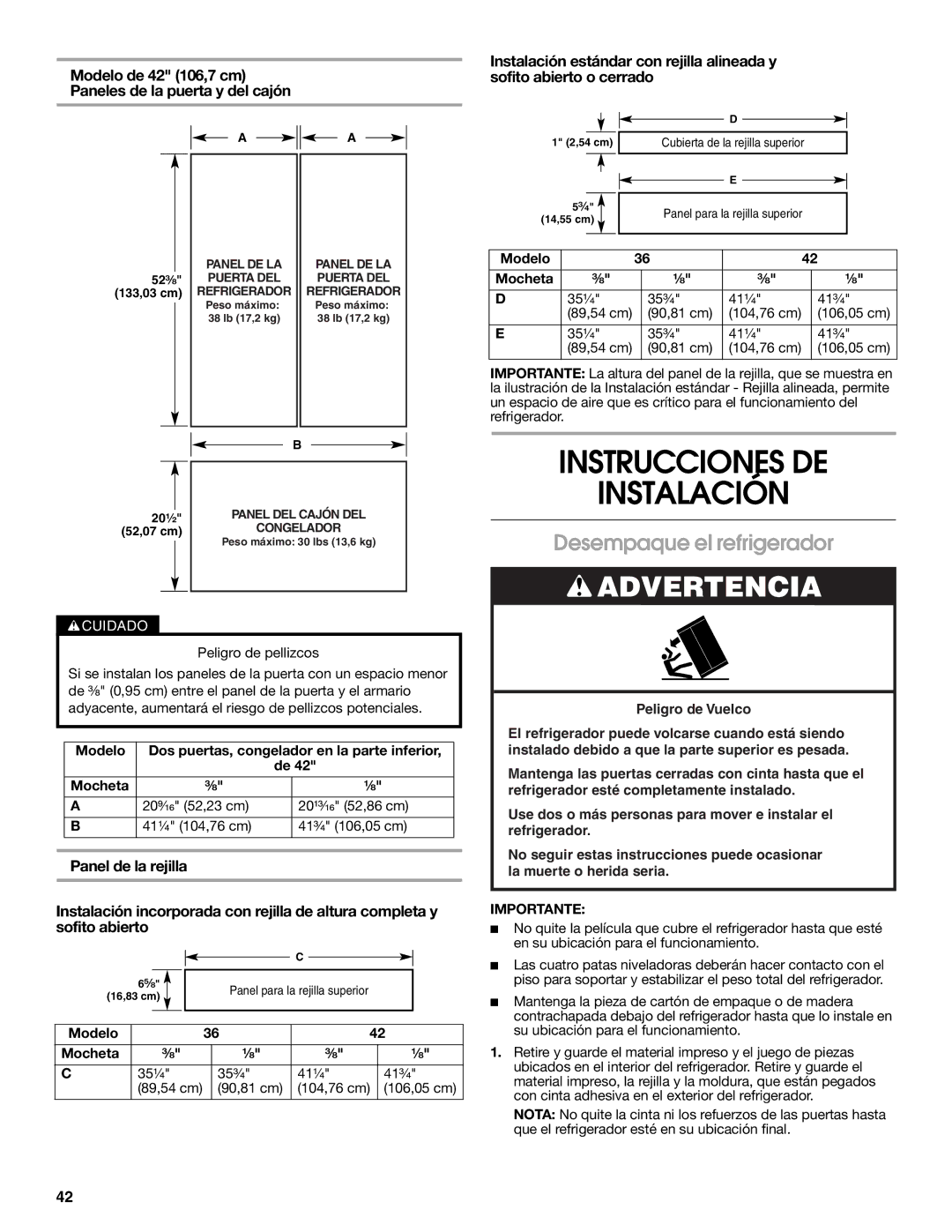 Jenn-Air W10379137A manual Instrucciones DE Instalación, Desempaque el refrigerador, Modelo Mocheta ³⁄₈ ¹⁄₈ 