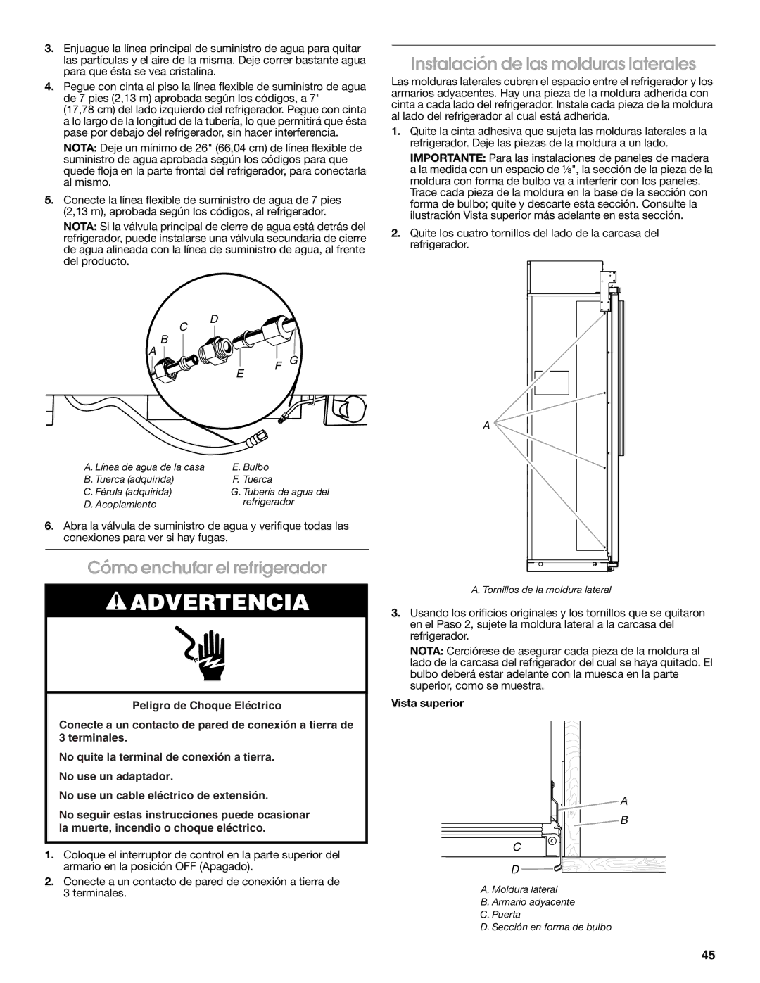 Jenn-Air W10379137A manual Instalación de las molduras laterales, Cómo enchufar el refrigerador 