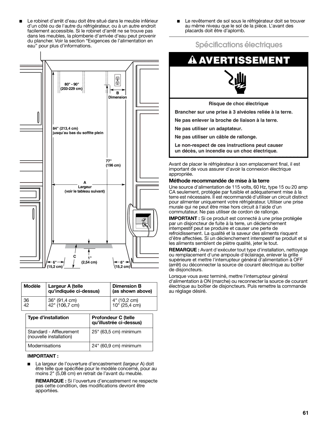 Jenn-Air W10379137A manual Spécifications électriques, Méthode recommandée de mise à la terre 