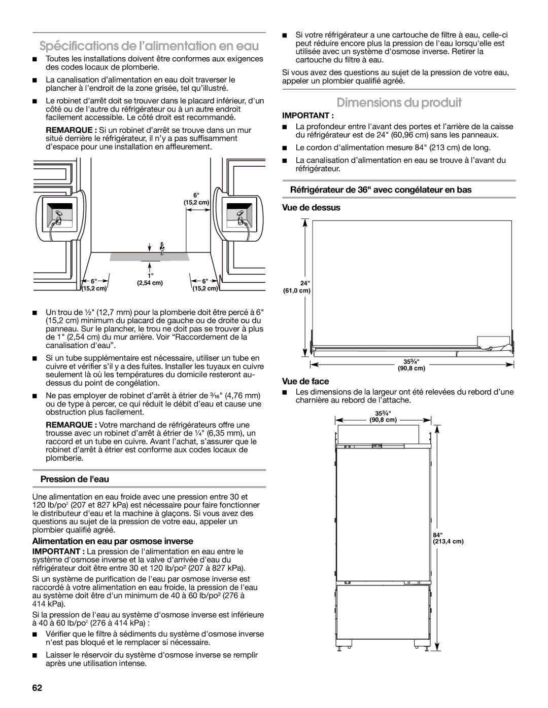 Jenn-Air W10379137A manual Spécifications de l’alimentation en eau, Dimensions du produit 