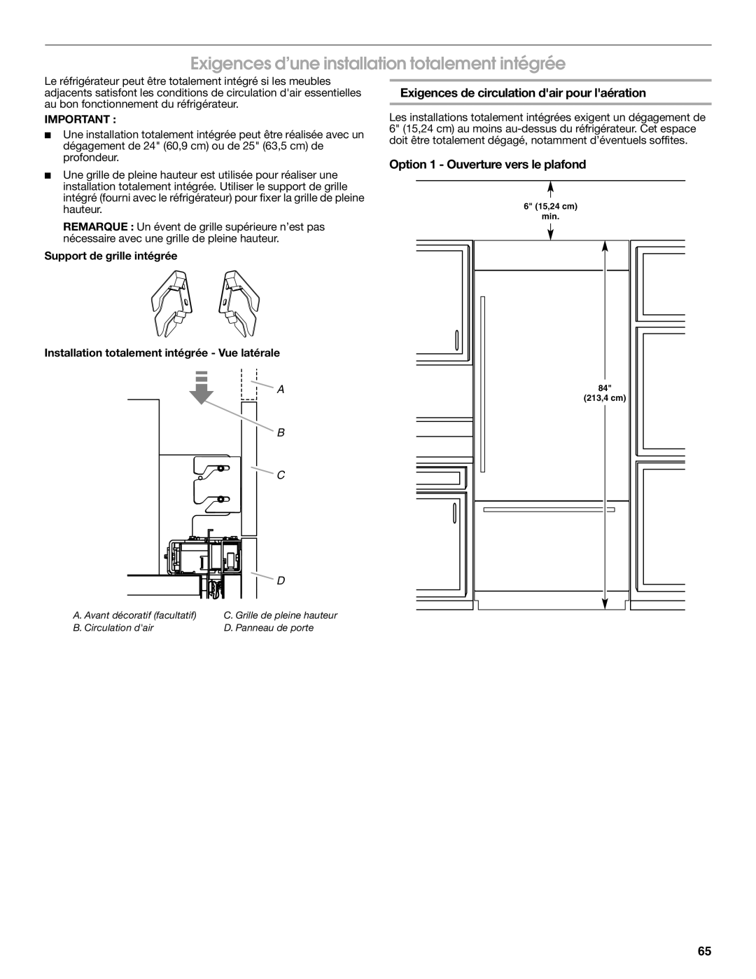 Jenn-Air W10379137A manual Exigences d’une installation totalement intégrée, Exigences de circulation dair pour laération 