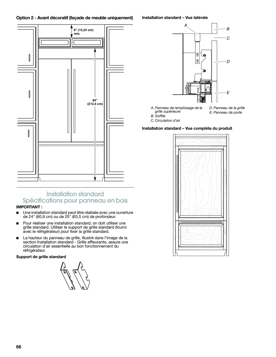 Jenn-Air W10379137A manual Installation standard Spécifications pour panneau en bois, Support de grille standard 