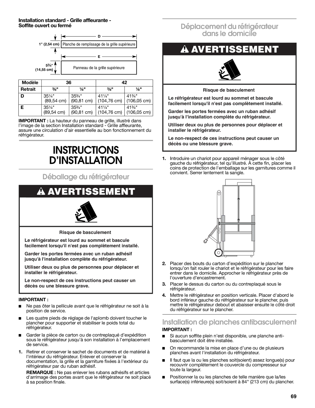 Jenn-Air W10379137A manual Instructions ’INSTALLATION, Installation de planches antibasculement 